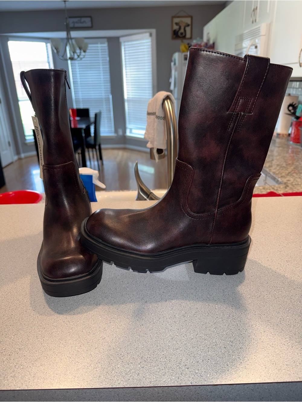 No Boundaries Chocolate Brown Women's Chunky Mid-Calf Leather Boots 7